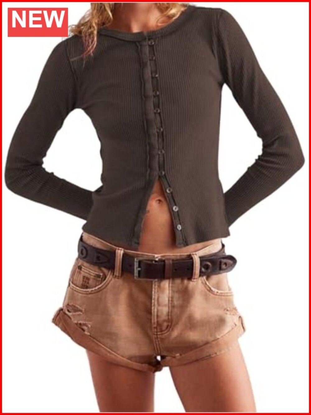 Women Ribbed Knit Button Down Cardigan Long Sleeve Fitted Sweater Top